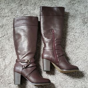 JustFab Wellington Burgundy BootsFaux Leather Strappy Details 3 1/4 in.blockheel